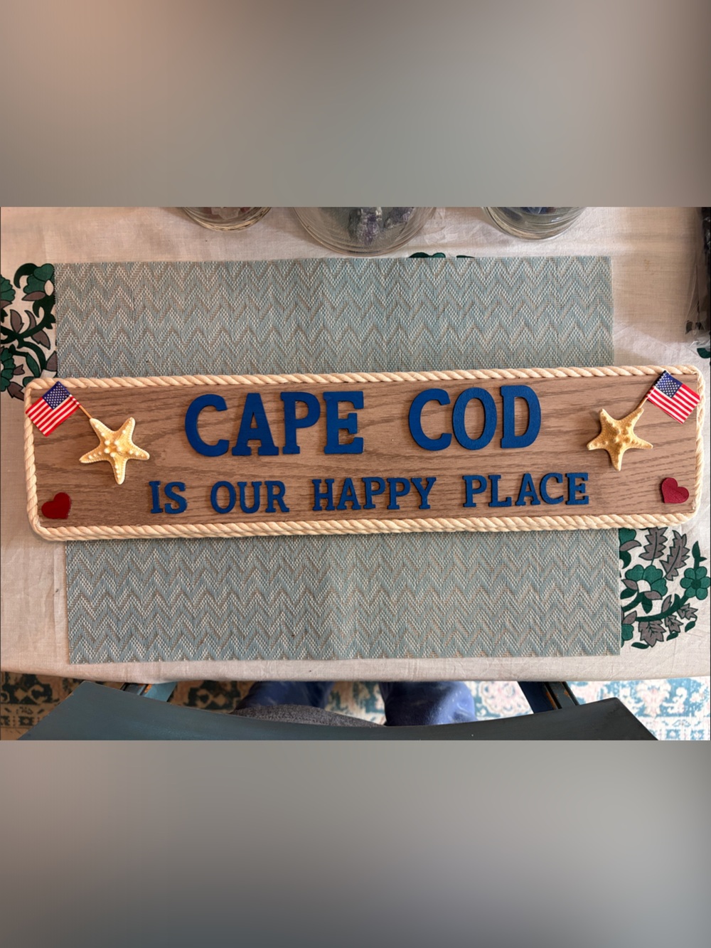 Nautical Wooden Wall Sign with Raised Blue Letters “ CAPE COD IS OUR HAPPY PLACE